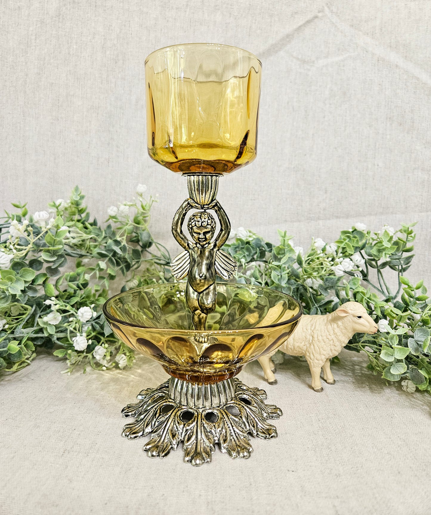 1970's Hollywood Regency Cherub Angel Candle Holder Amber Glass
