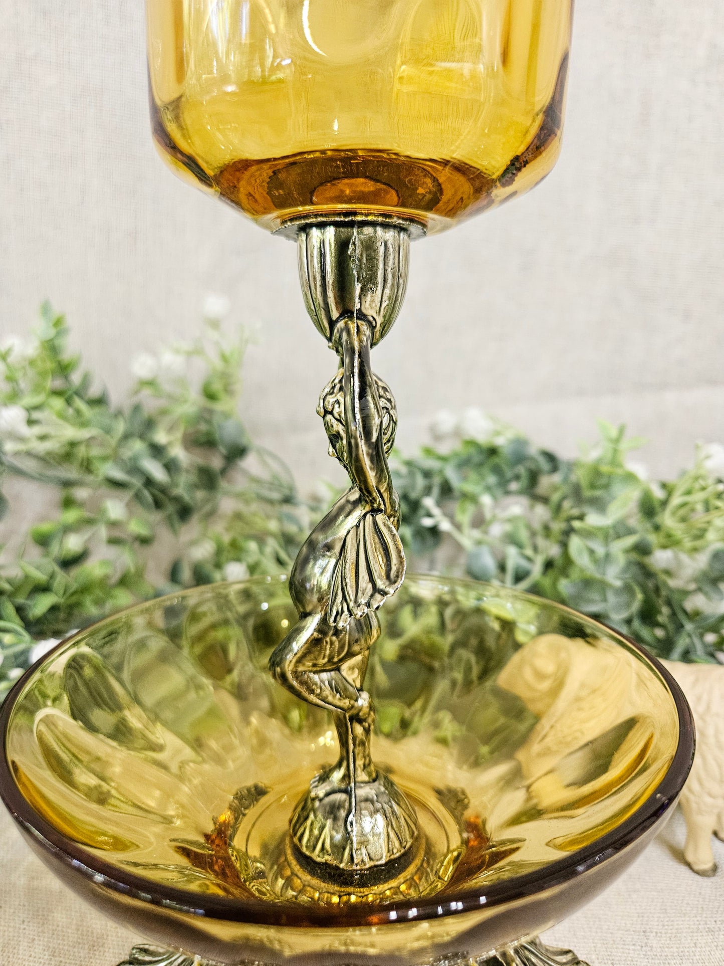 1970's Hollywood Regency Cherub Angel Candle Holder Amber Glass