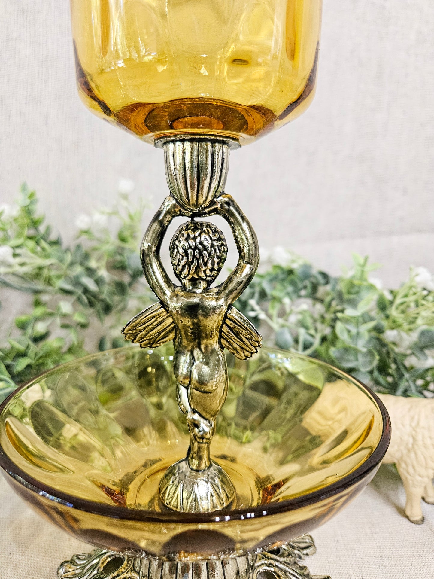 1970's Hollywood Regency Cherub Angel Candle Holder Amber Glass
