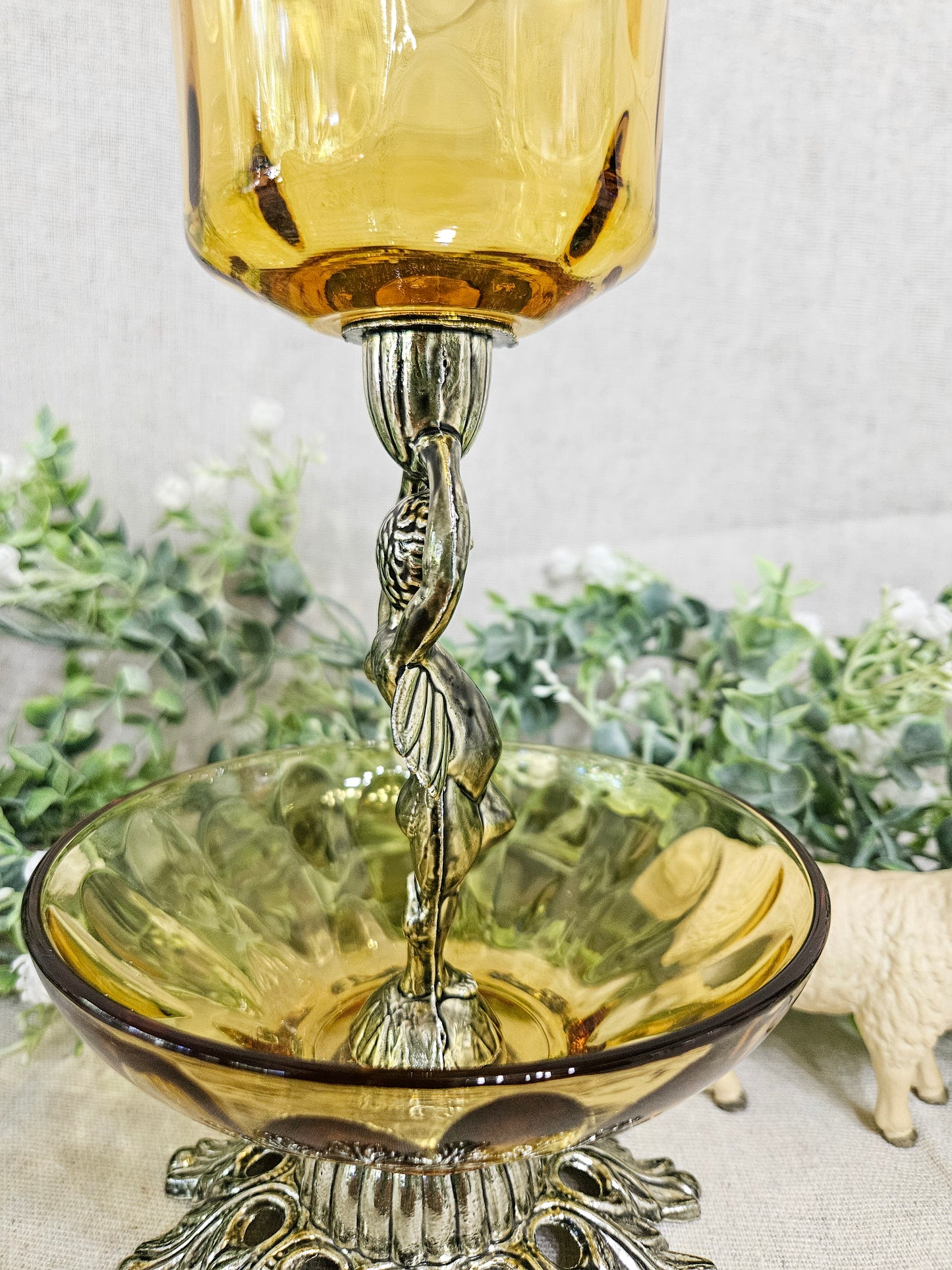 1970's Hollywood Regency Cherub Angel Candle Holder Amber Glass