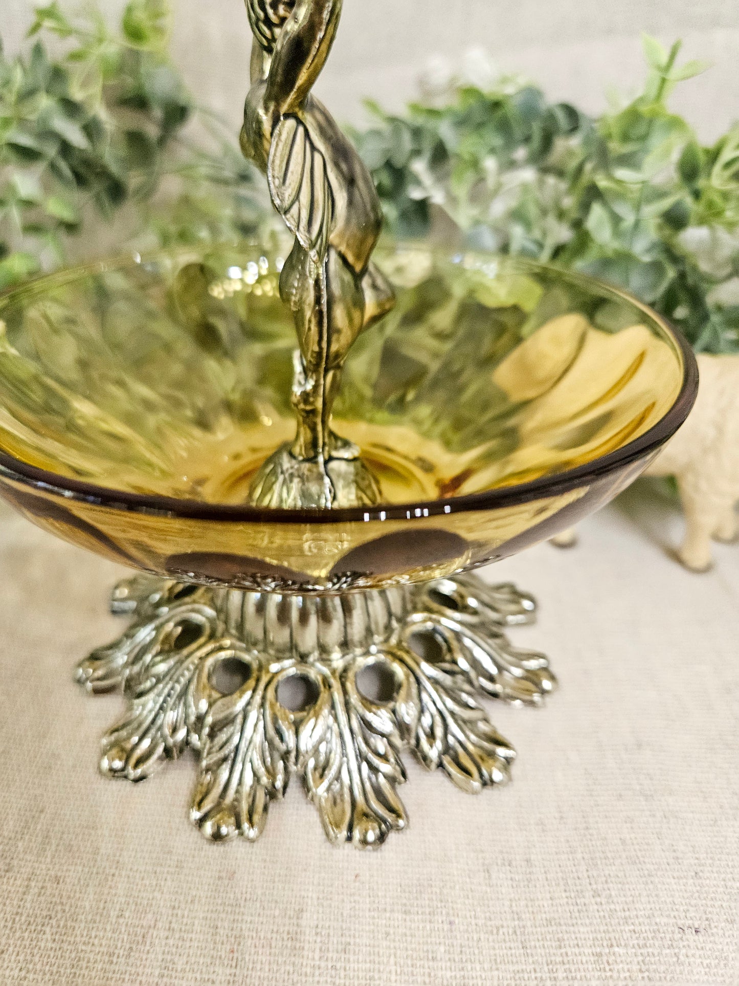 1970's Hollywood Regency Cherub Angel Candle Holder Amber Glass