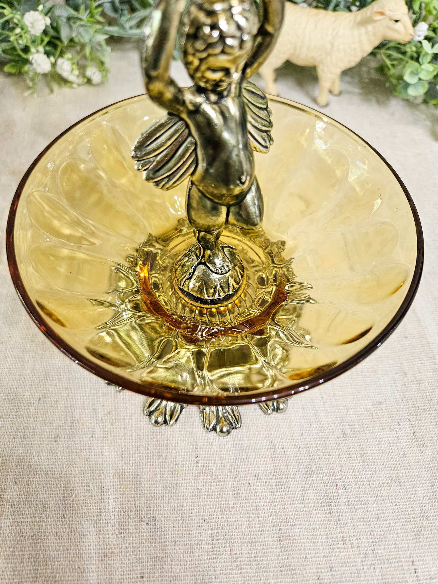 1970's Hollywood Regency Cherub Angel Candle Holder Amber Glass