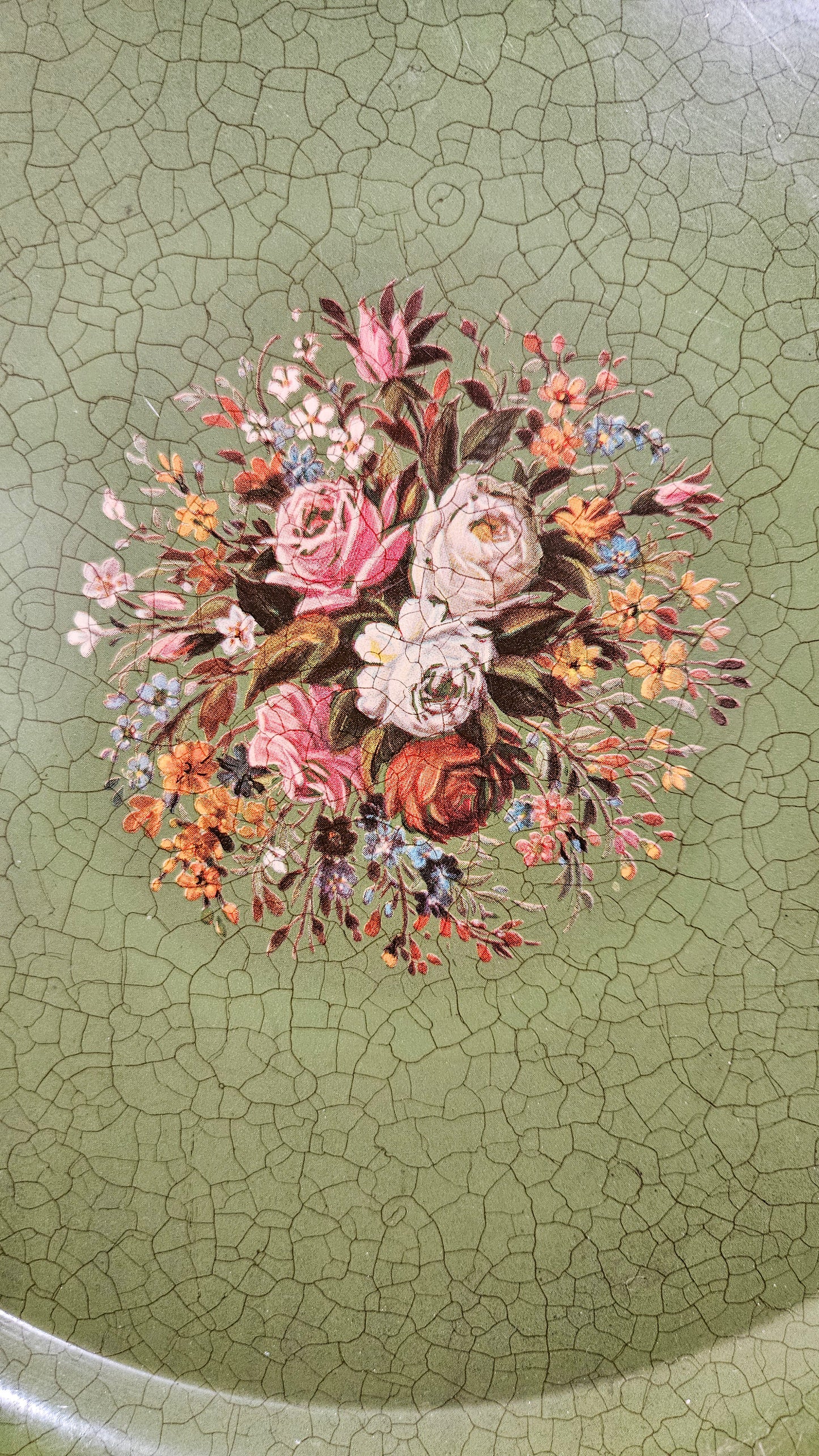 Vintage Green Floral Transferware Round Tray Holland