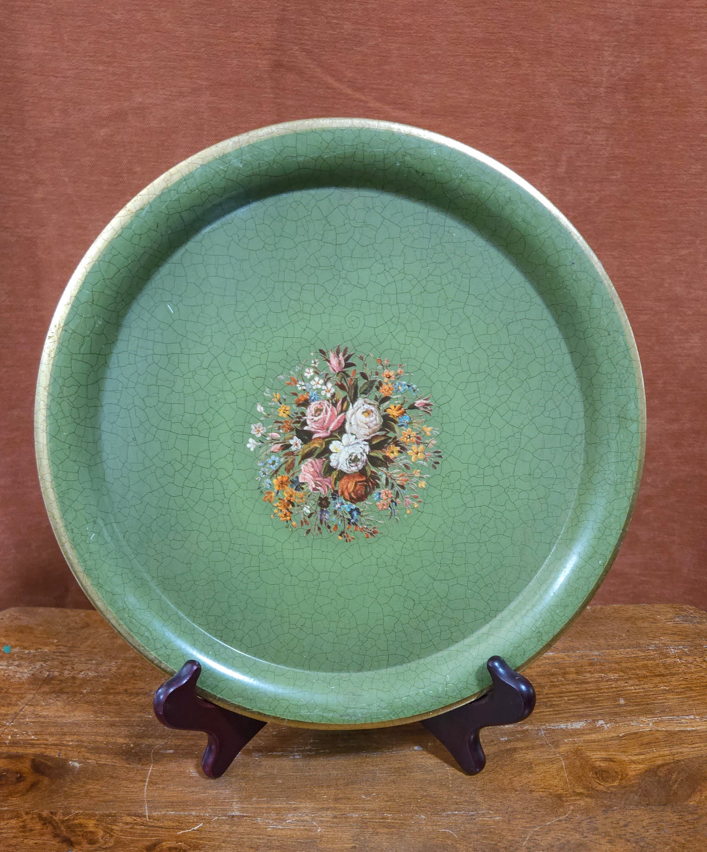 Vintage Green Floral Transferware Round Tray Holland