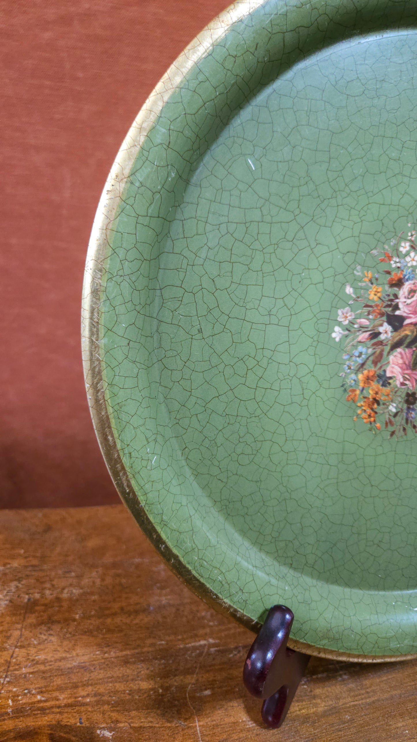 Vintage Green Floral Transferware Round Tray Holland