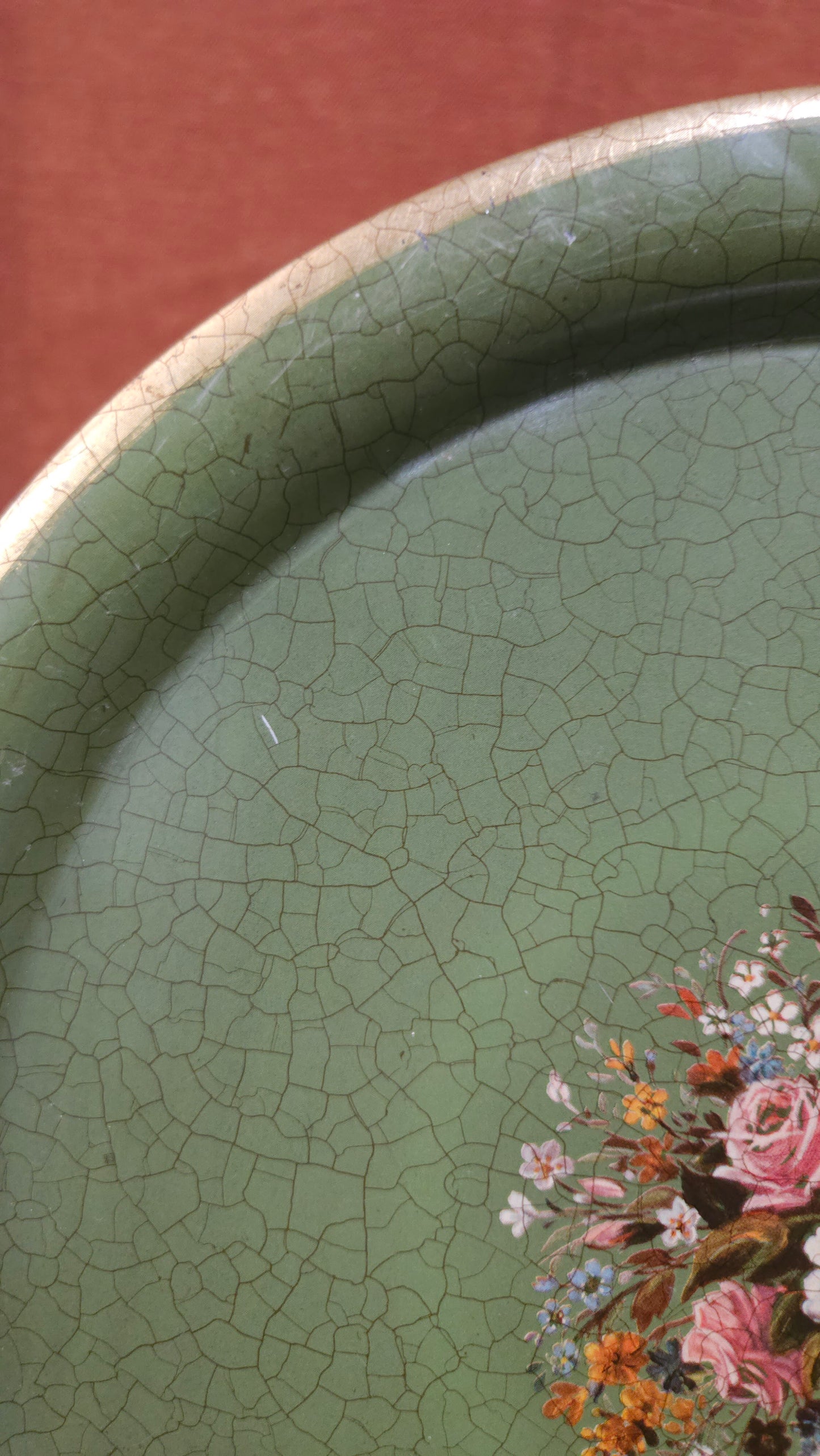 Vintage Green Floral Transferware Round Tray Holland