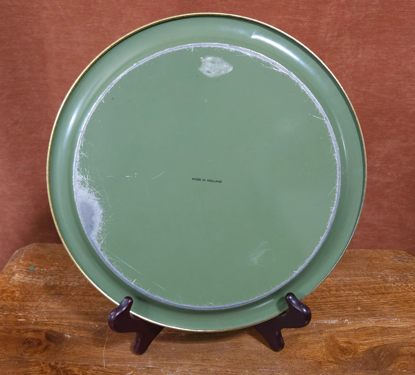 Vintage Green Floral Transferware Round Tray Holland
