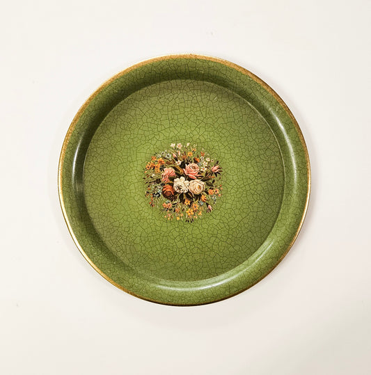 Vintage Green Floral Transferware Round Tray Holland