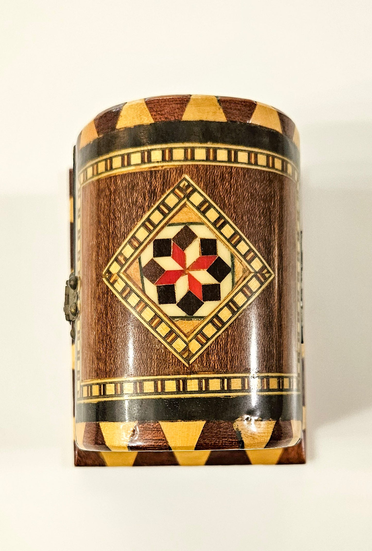 Vintage Handmade Wood Marquetry Small Treasure Chest Jewelry Box Red Velvet Inlay