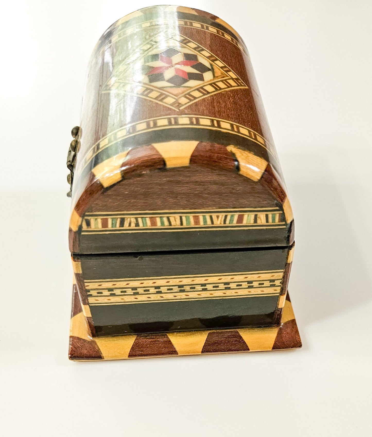 Vintage Handmade Wood Marquetry Small Treasure Chest Jewelry Box Red Velvet Inlay