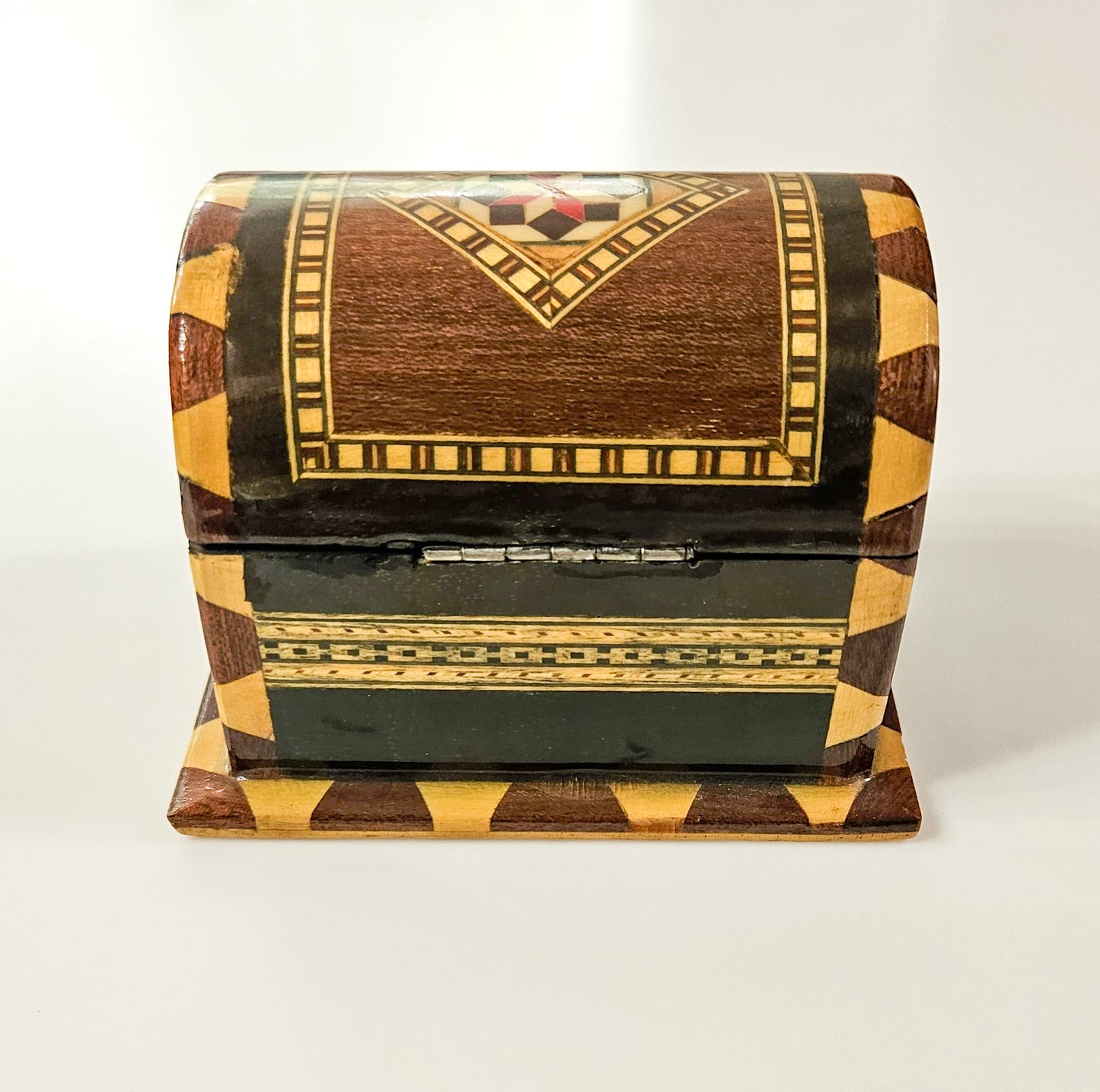 Vintage Handmade Wood Marquetry Small Treasure Chest Jewelry Box Red Velvet Inlay