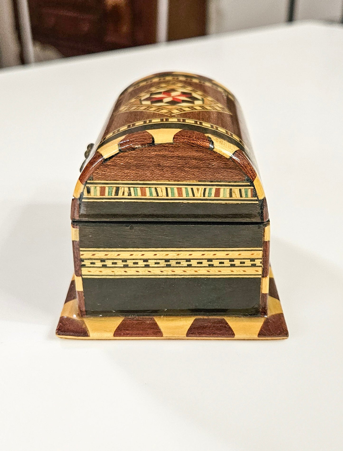 Vintage Handmade Wood Marquetry Small Treasure Chest Jewelry Box Red Velvet Inlay