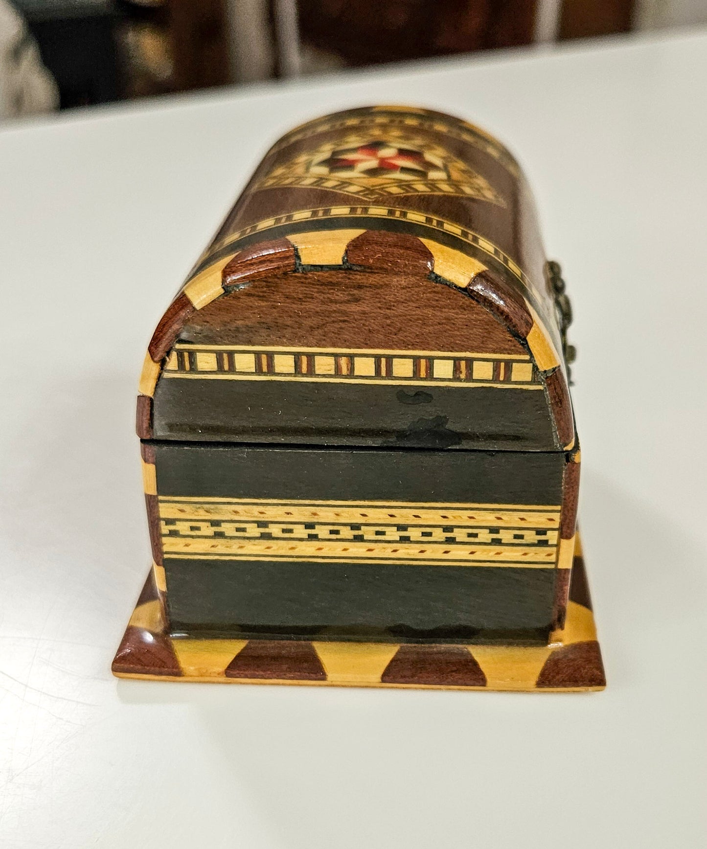Vintage Handmade Wood Marquetry Small Treasure Chest Jewelry Box Red Velvet Inlay