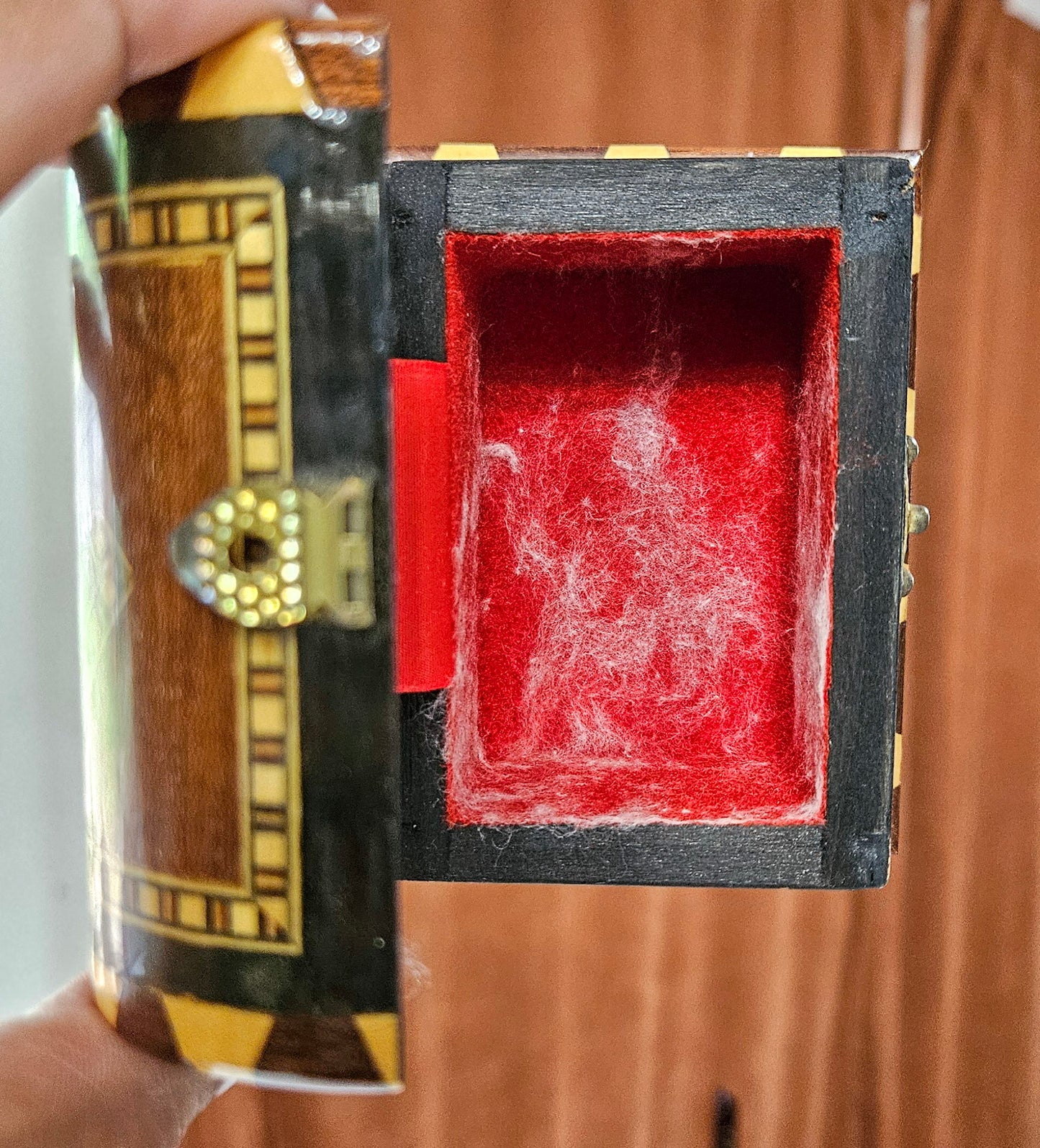 Vintage Handmade Wood Marquetry Small Treasure Chest Jewelry Box Red Velvet Inlay