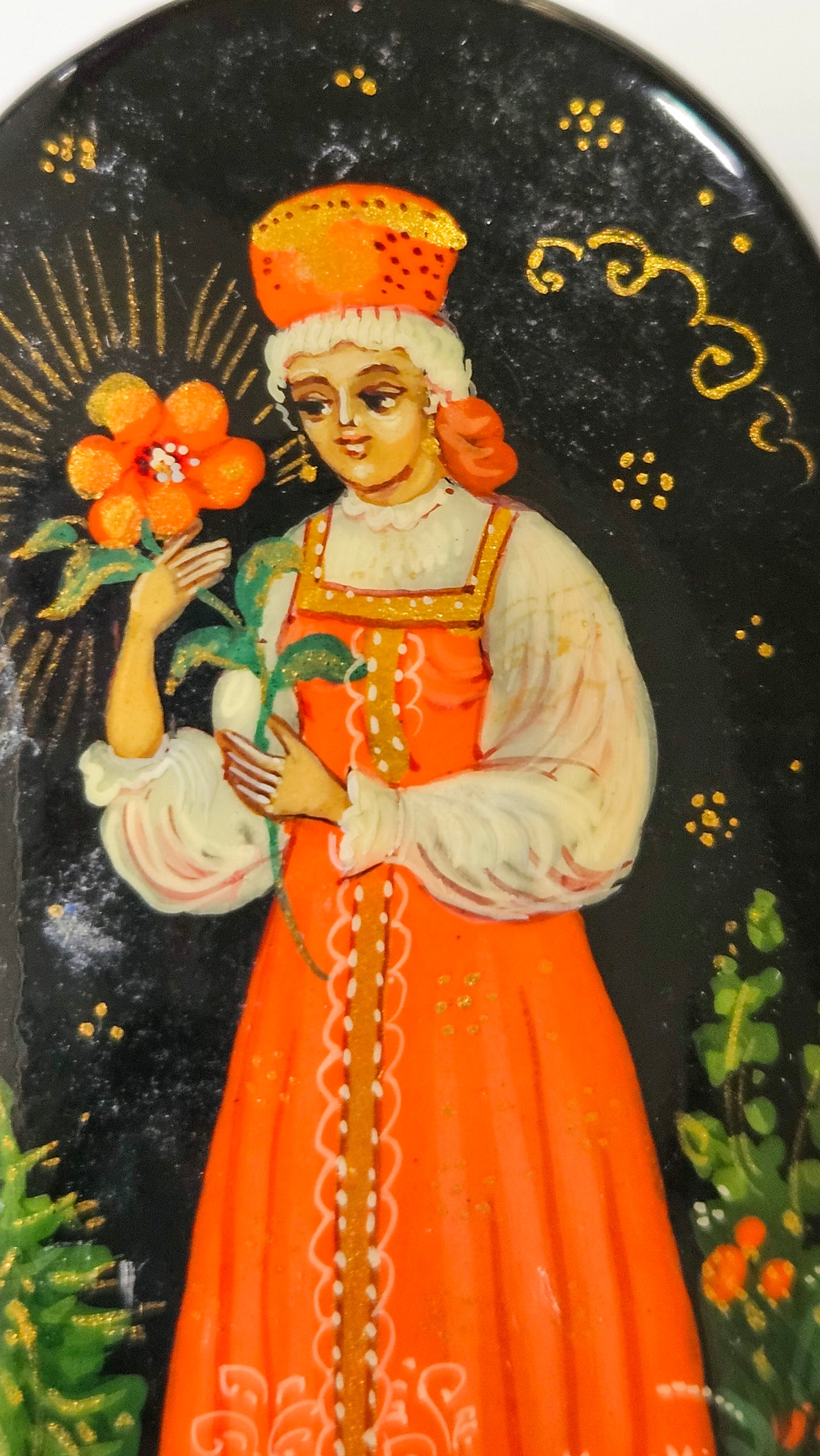 USSR Russian Fedoskino Hand Painted Black Lacquer Trinket Box, Alenky Flower