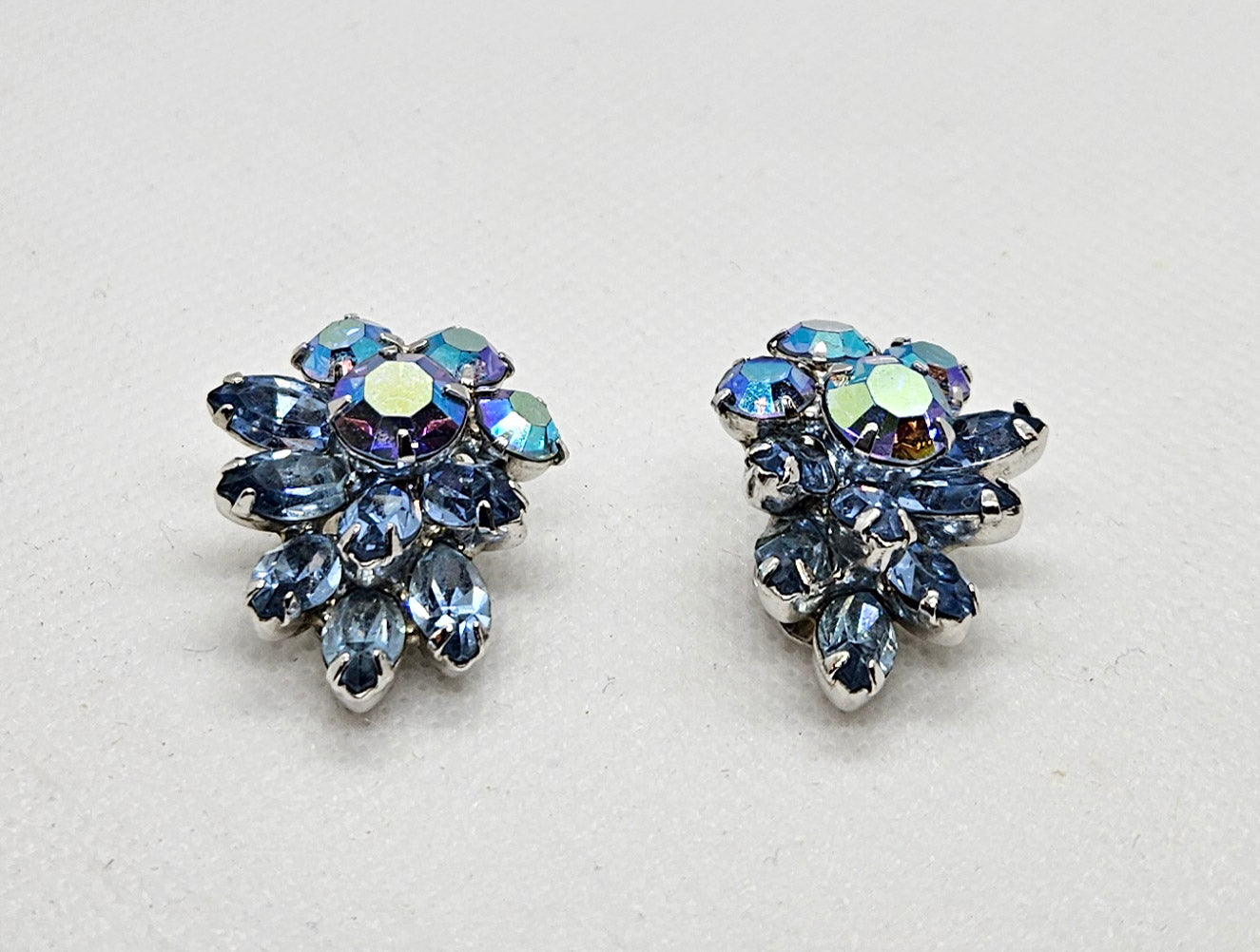 Hattie Carnegie Signed Blue Rhinestone AB Clip On Earrings 1950's