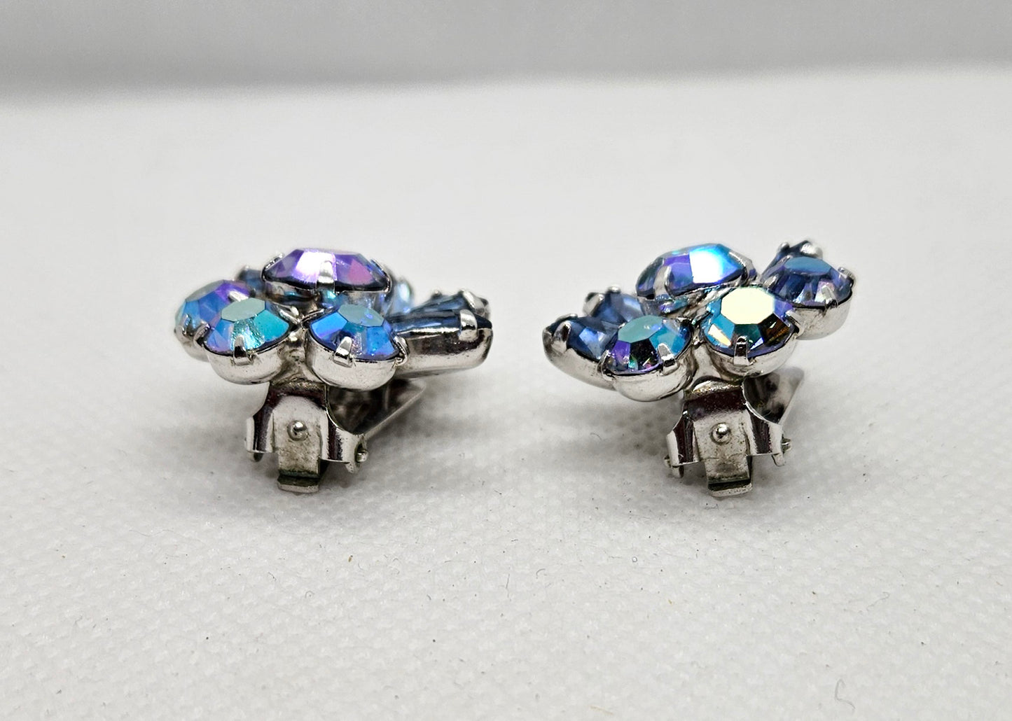 Hattie Carnegie Signed Blue Rhinestone AB Clip On Earrings 1950's