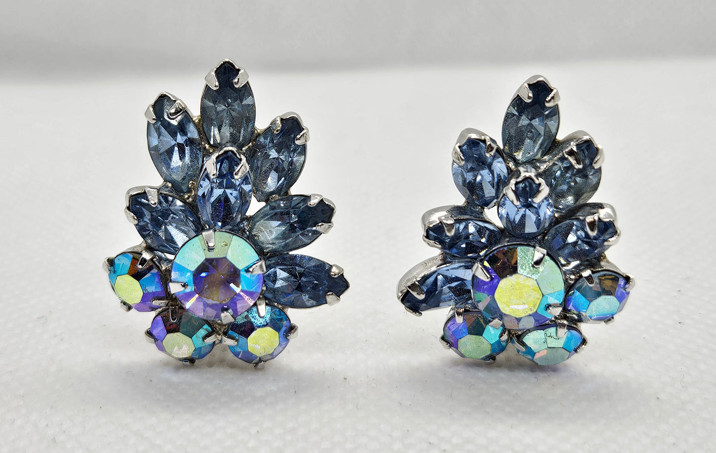 Hattie Carnegie Signed Blue Rhinestone AB Clip On Earrings 1950's