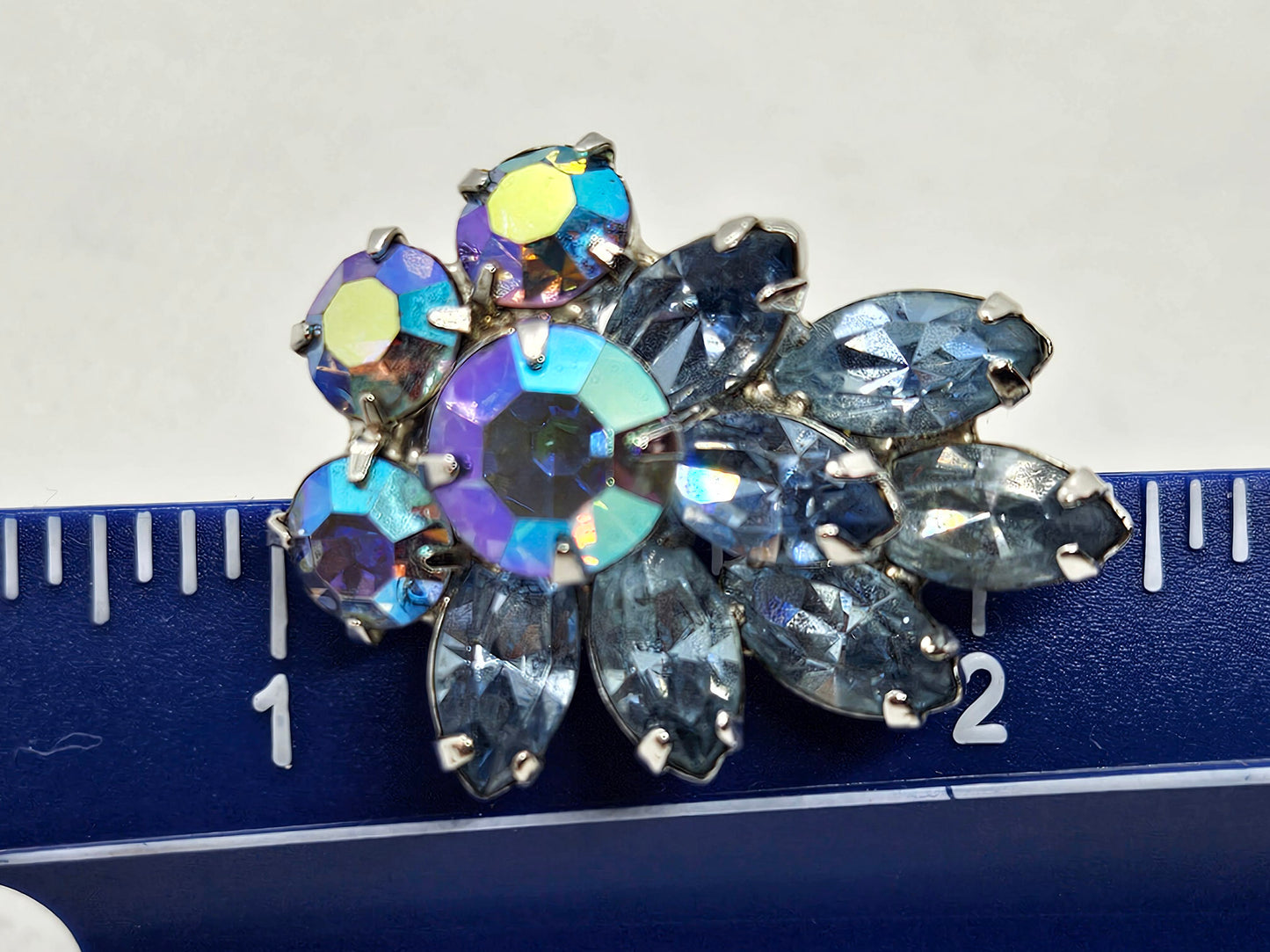 Hattie Carnegie Signed Blue Rhinestone AB Clip On Earrings 1950's