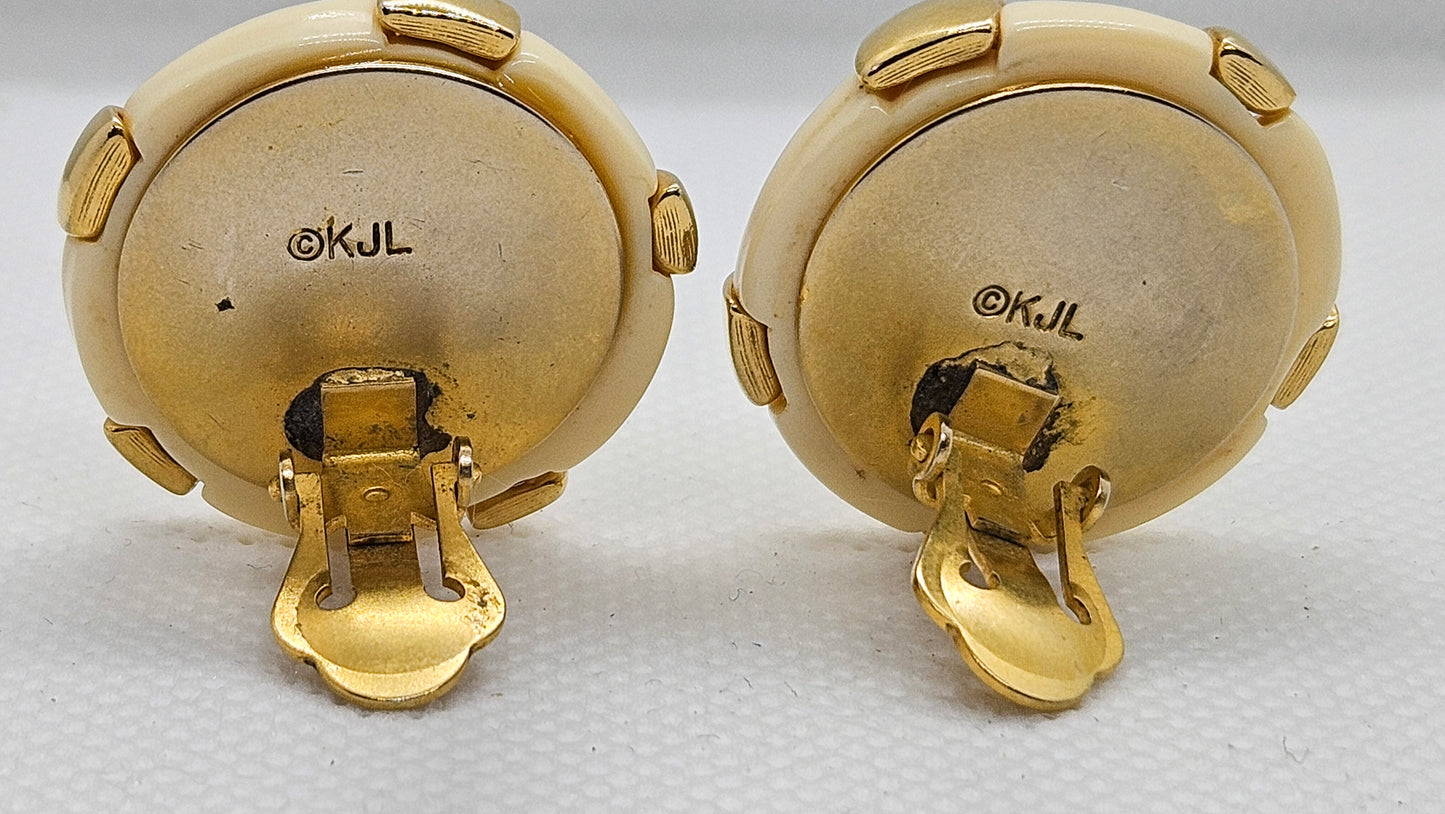 Vintage KJL Kenneth Jay Lane Lucite & Gold tone Button Clip On Earrings