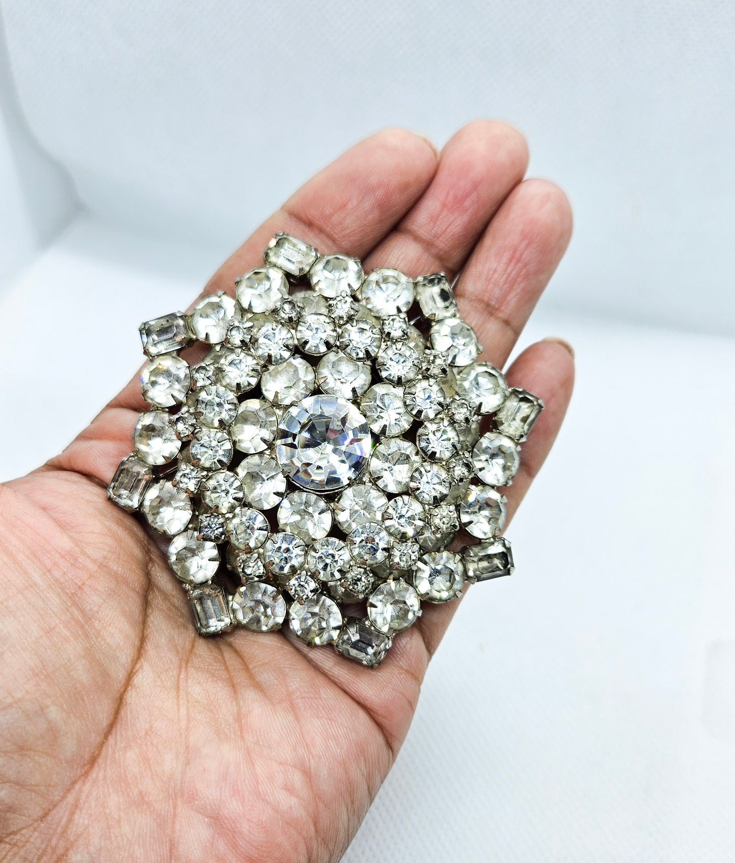 Glamorous Multidimensional Clear Rhinestone Statement Brooch Early 20th Century