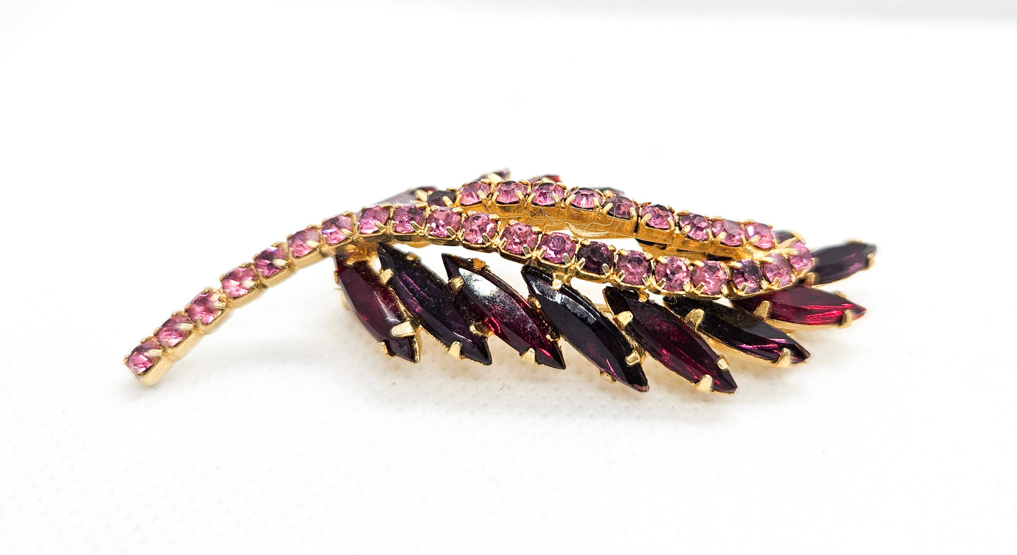 Vintage Pink Ruby Rhinestone Leaf Brooch & Earring Demi Parure