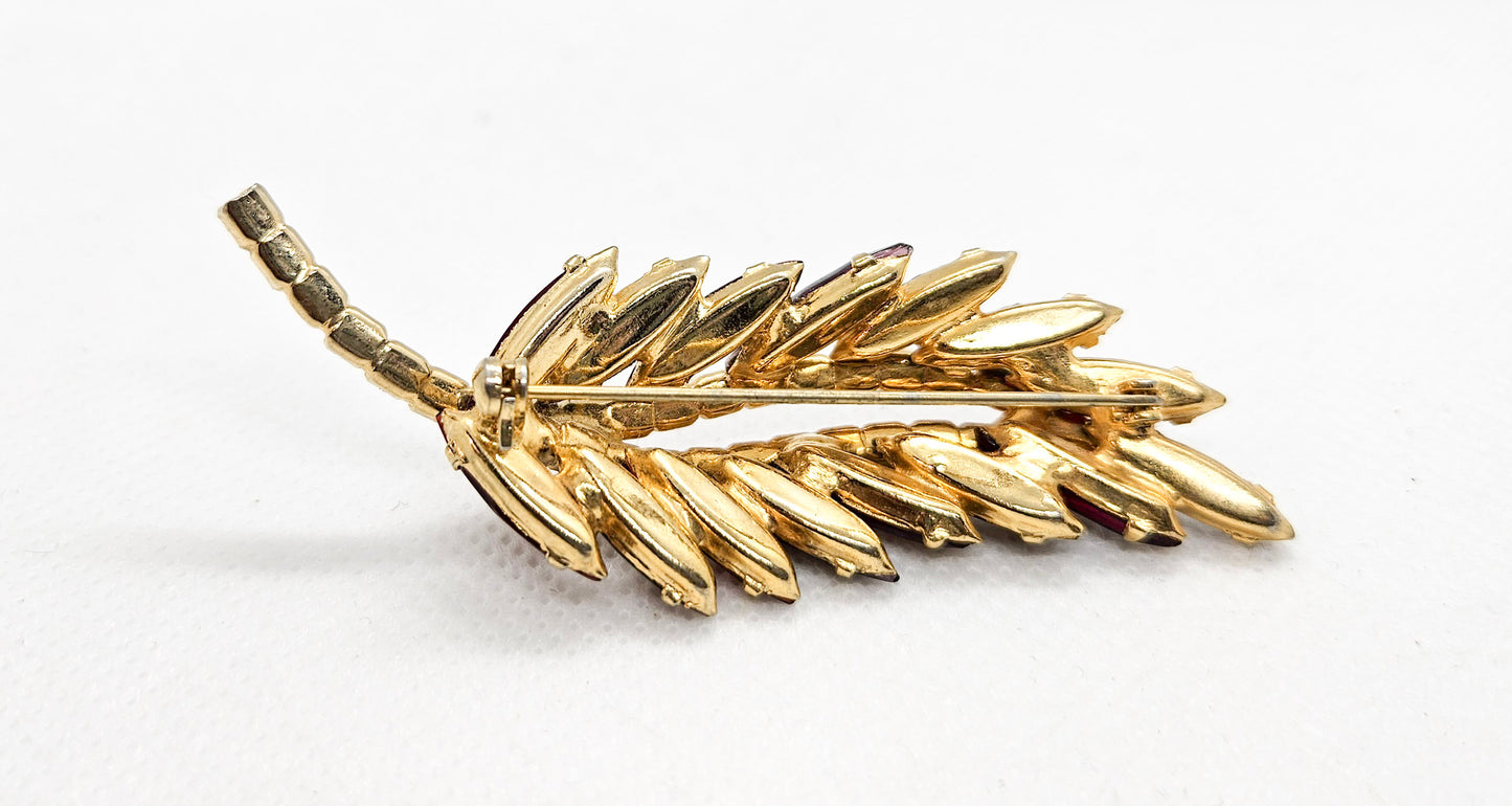 Vintage Pink Ruby Rhinestone Leaf Brooch & Earring Demi Parure