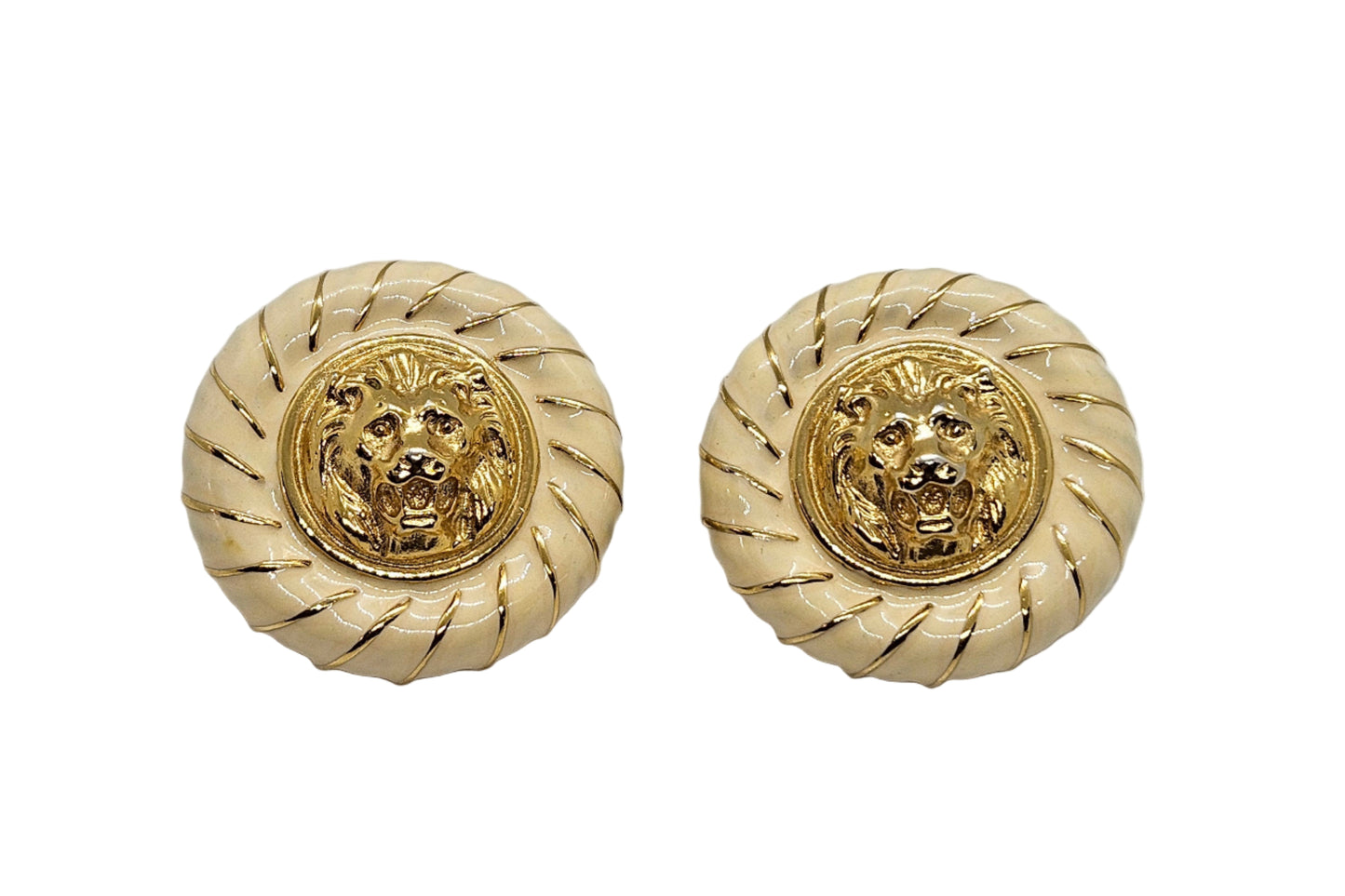 Vintage Enamel & Gold-tone Lion Head Chunky Clip On Earrings