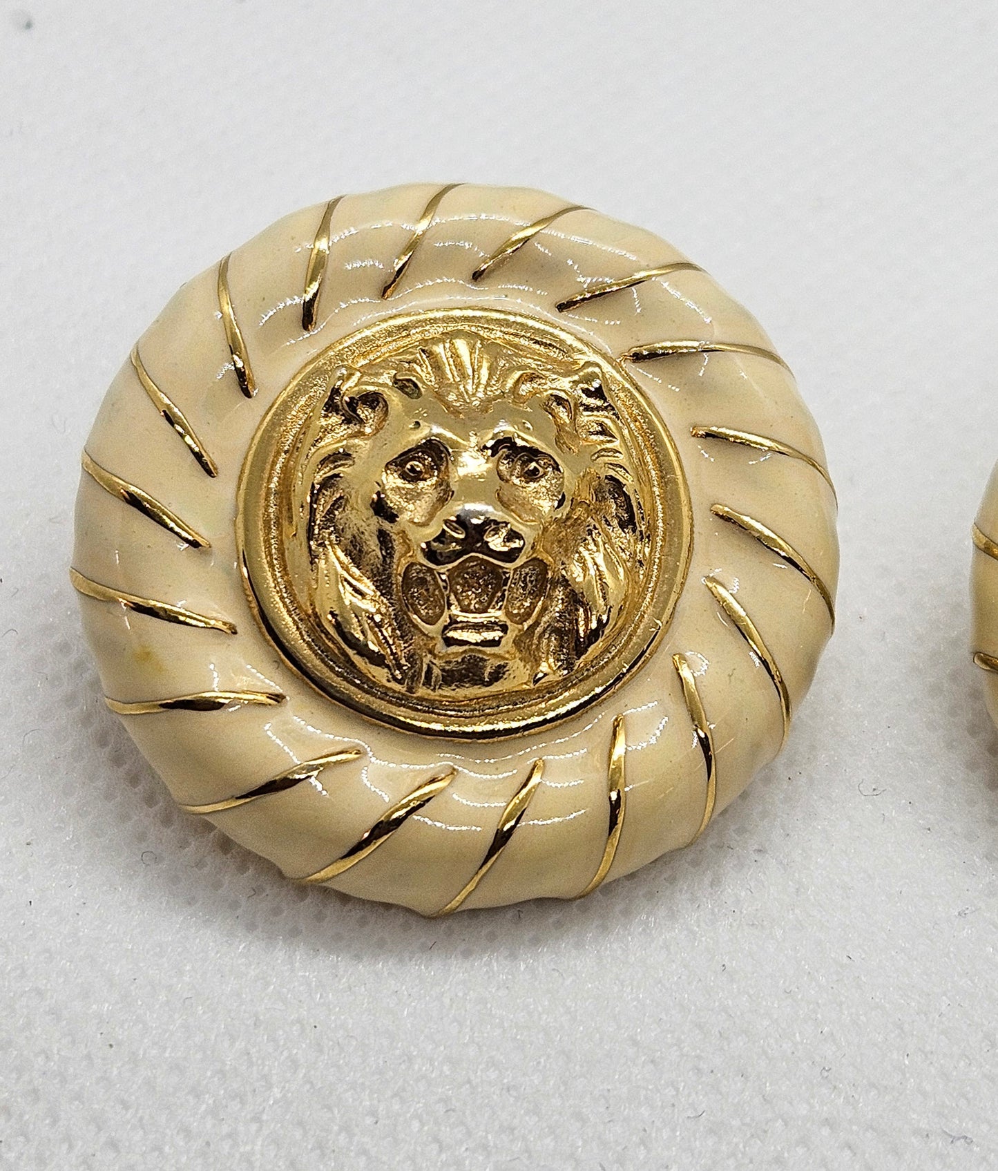 Vintage Enamel & Gold-tone Lion Head Chunky Clip On Earrings
