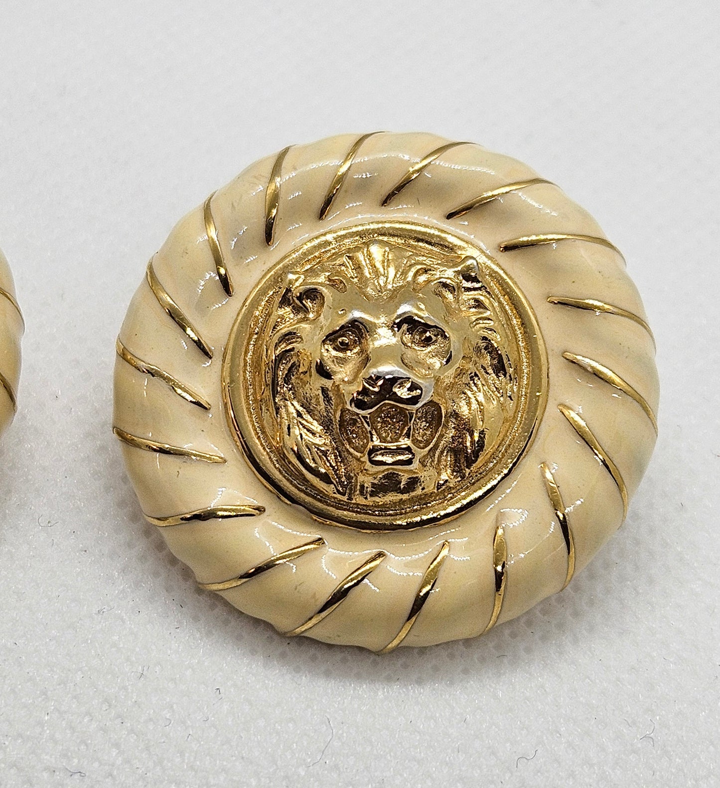 Vintage Enamel & Gold-tone Lion Head Chunky Clip On Earrings