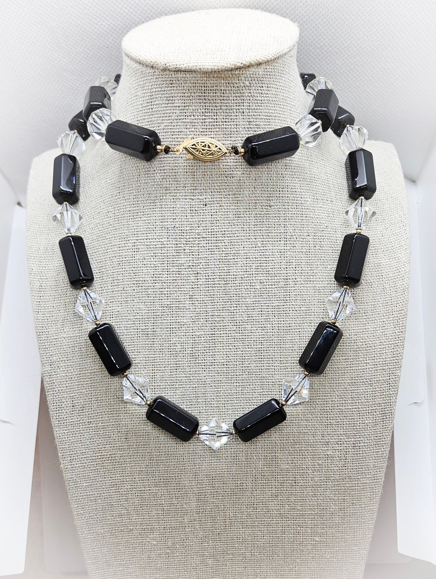 Vintage Black Quartz and Glass Bicone Beads Gold Filled Box Clasp Necklace