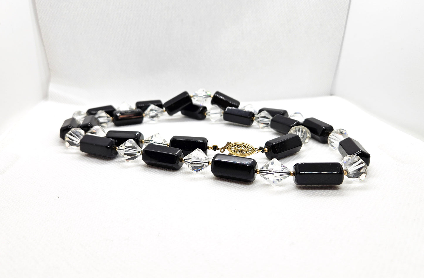 Vintage Black Quartz and Glass Bicone Beads Gold Filled Box Clasp Necklace