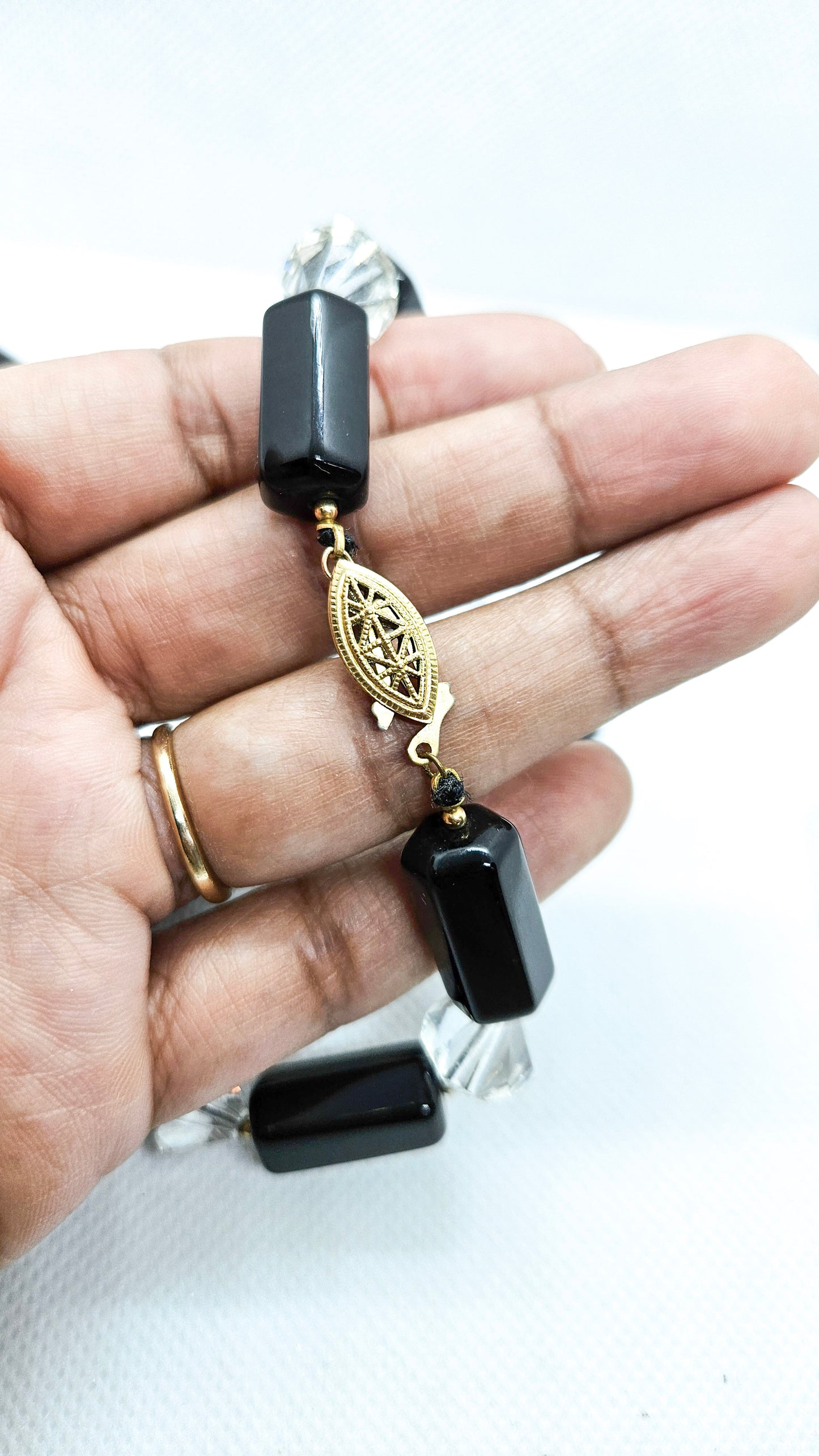 Vintage Black Quartz and Glass Bicone Beads Gold Filled Box Clasp Necklace