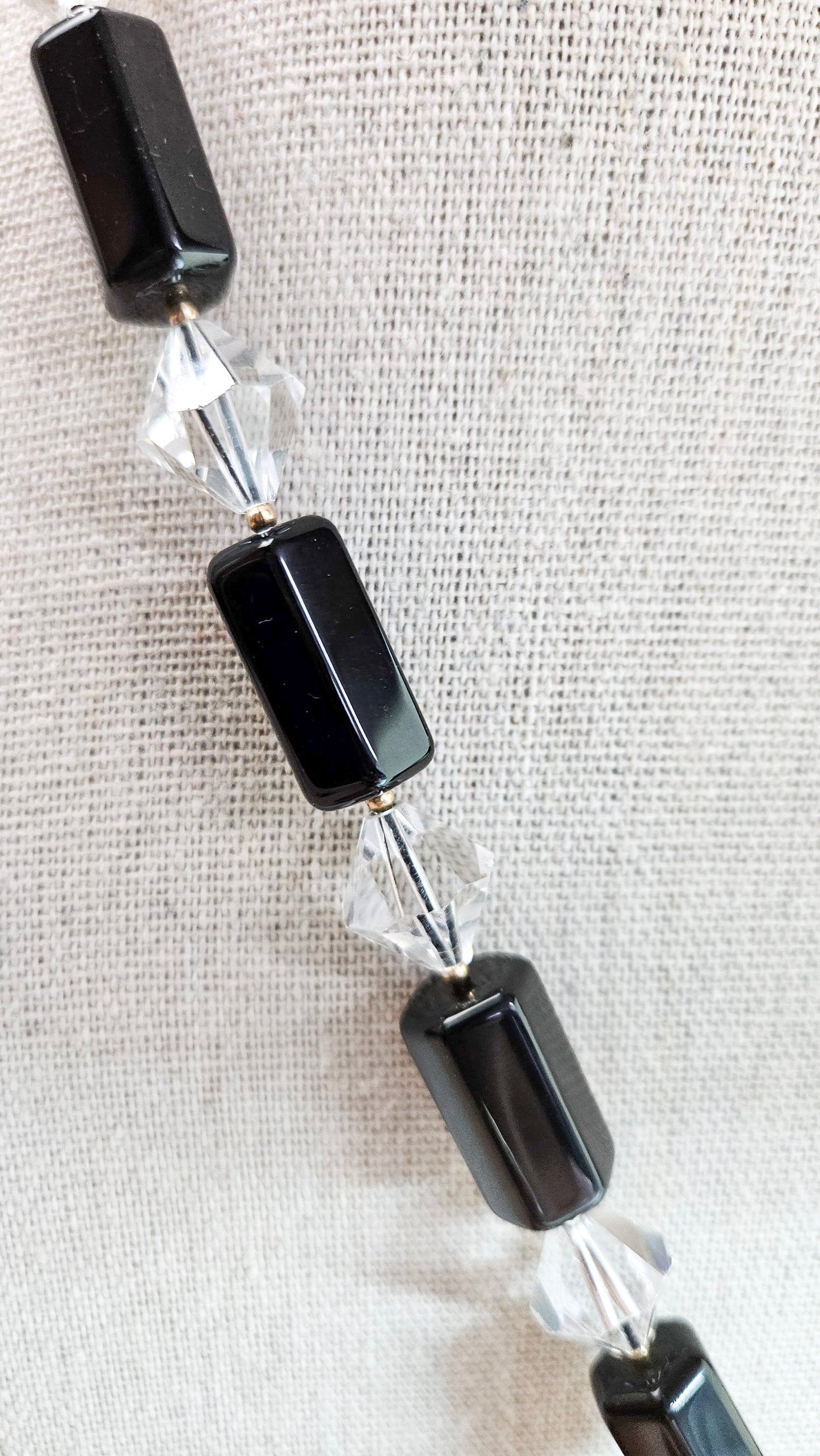 Vintage Black Quartz and Glass Bicone Beads Gold Filled Box Clasp Necklace