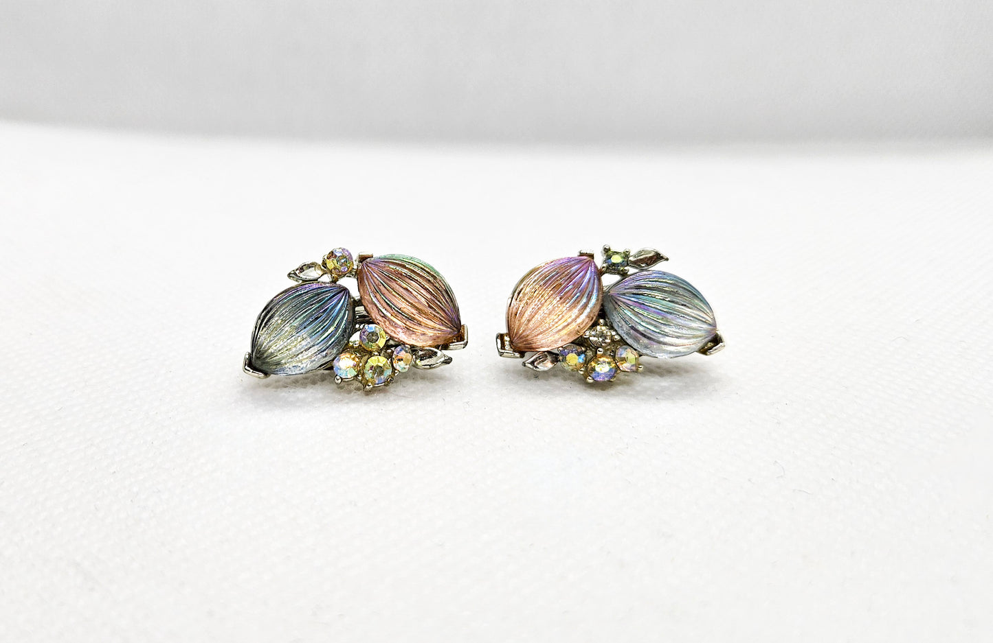 Lisner Pink & Blue Iridescent AB rhinestones Clip-On Earrings
