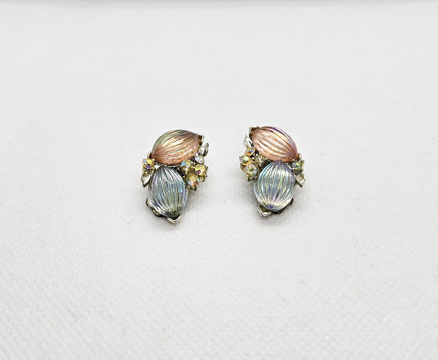 Lisner Pink & Blue Iridescent AB rhinestones Clip-On Earrings