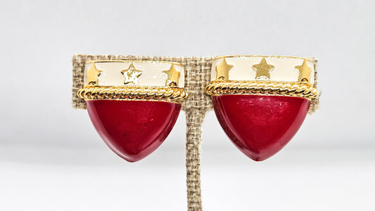 Vintage Monet Red Enamel Clip On Earrings Shield and Stars
