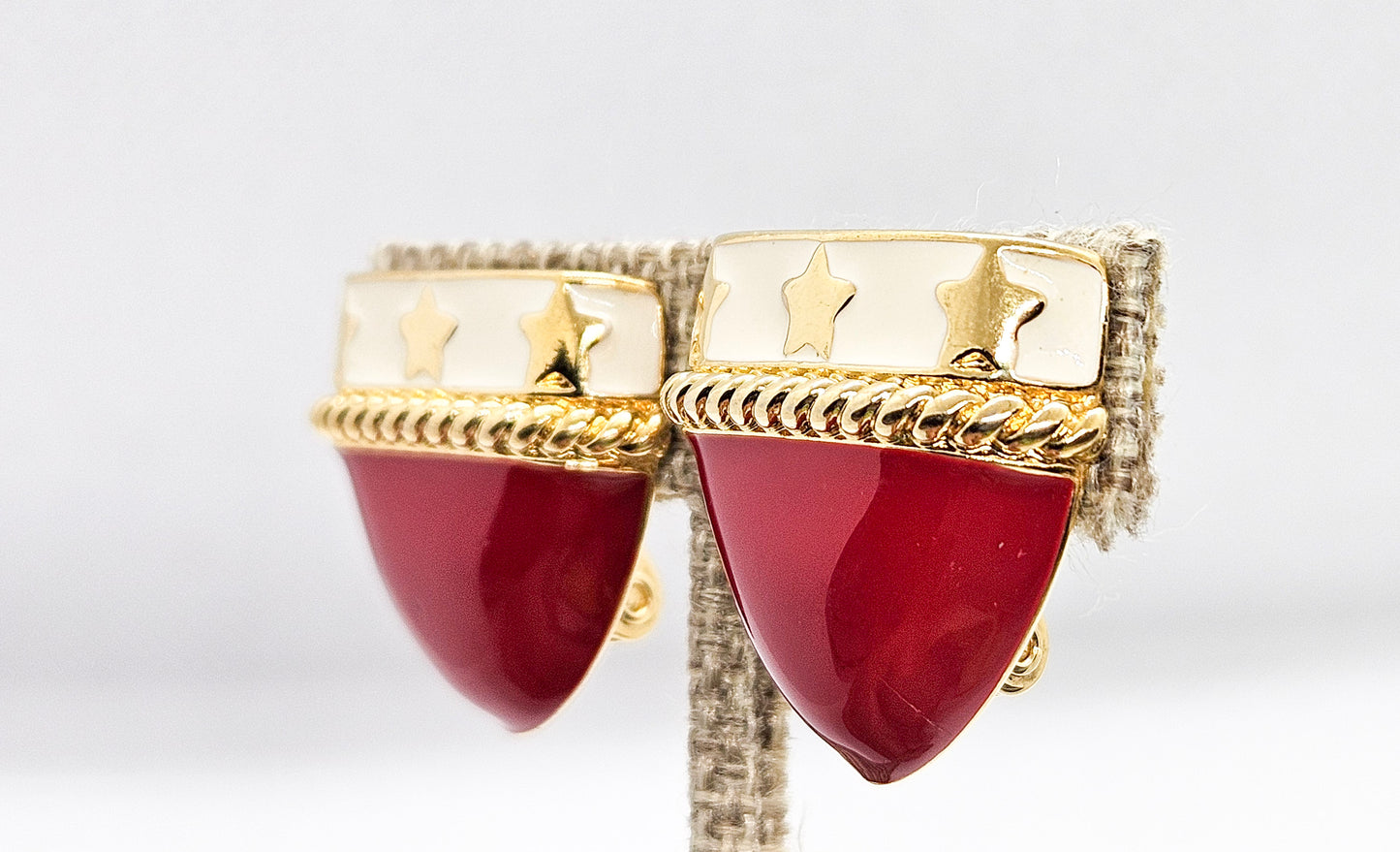 Vintage Monet Red Enamel Clip On Earrings Shield and Stars