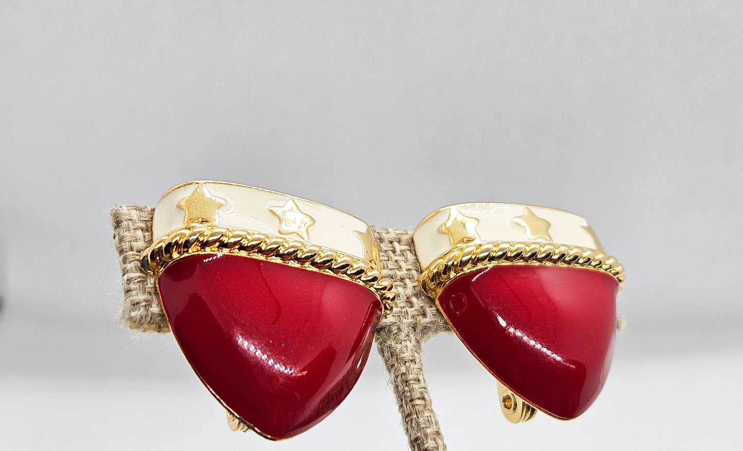 Vintage Monet Red Enamel Clip On Earrings Shield and Stars