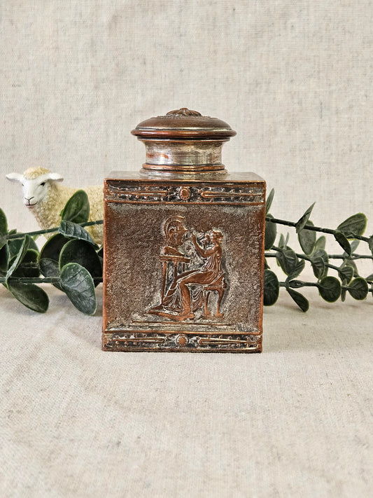 Antique Sheffield S. Co 74 Repousse Tea Caddy, Silverplate over Copper, Roman Scene