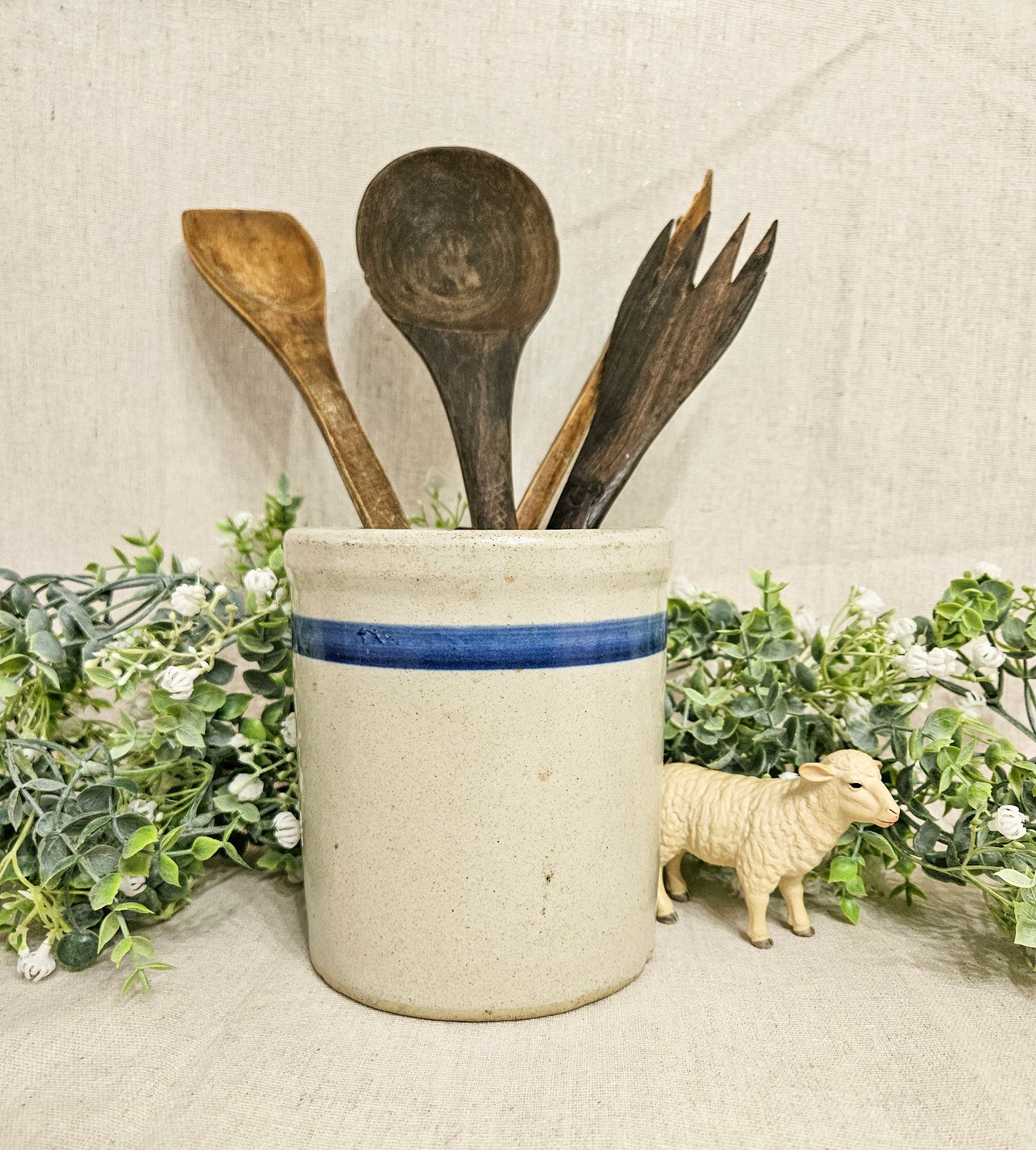 Blue Striped Crock - Utensil Holder - Beater Jar