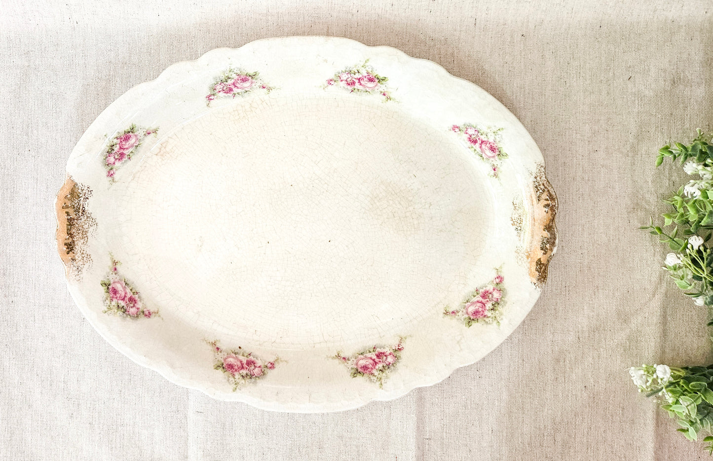 Pink Roses and Gold Gild Handle Serving Platter