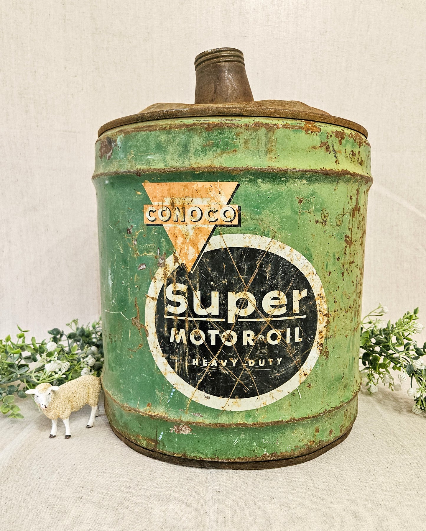 Vintage Oil Can Conoco Super Motor Oil Large Green 5 gallon