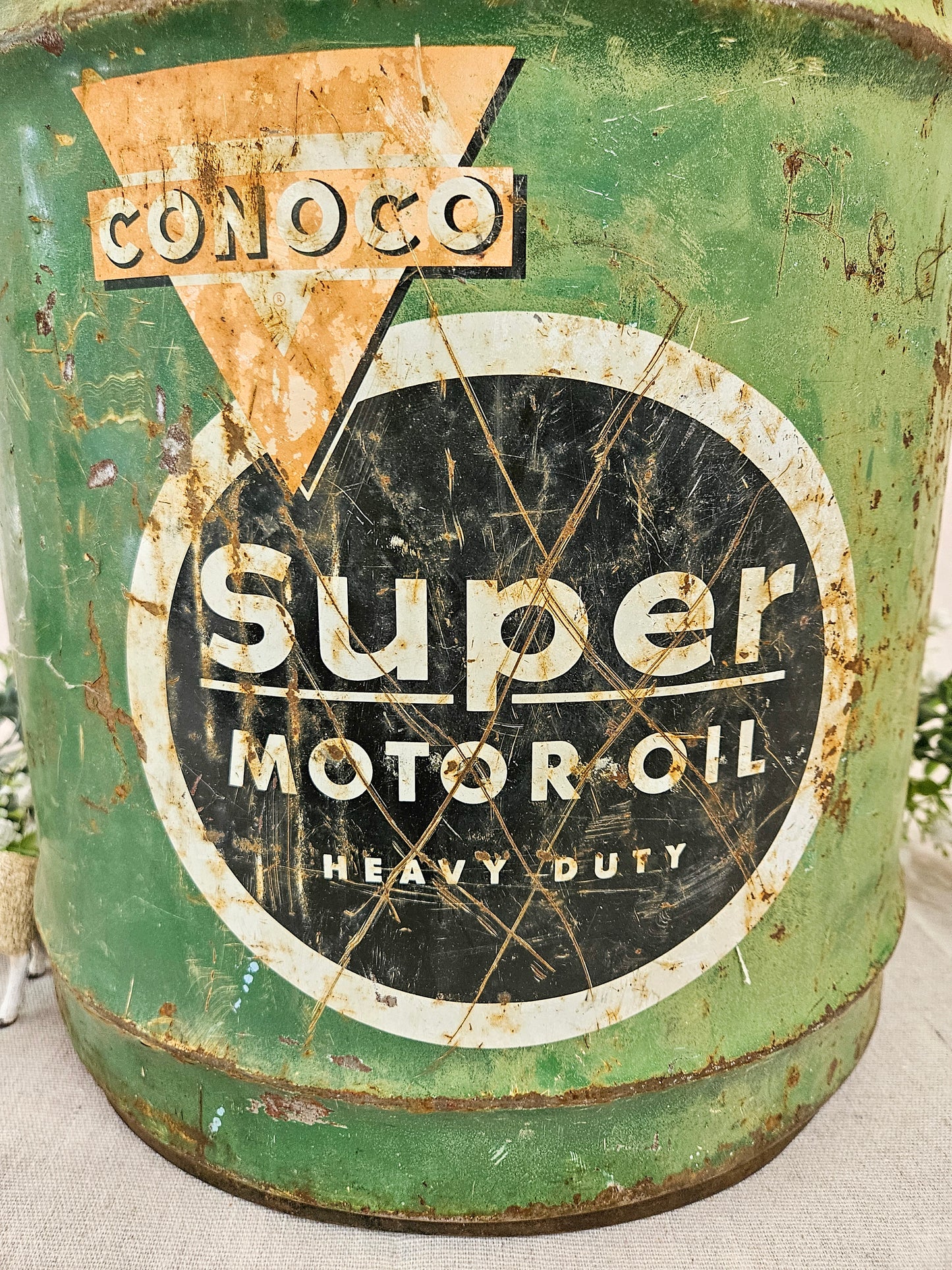 Vintage Oil Can Conoco Super Motor Oil Large Green 5 gallon