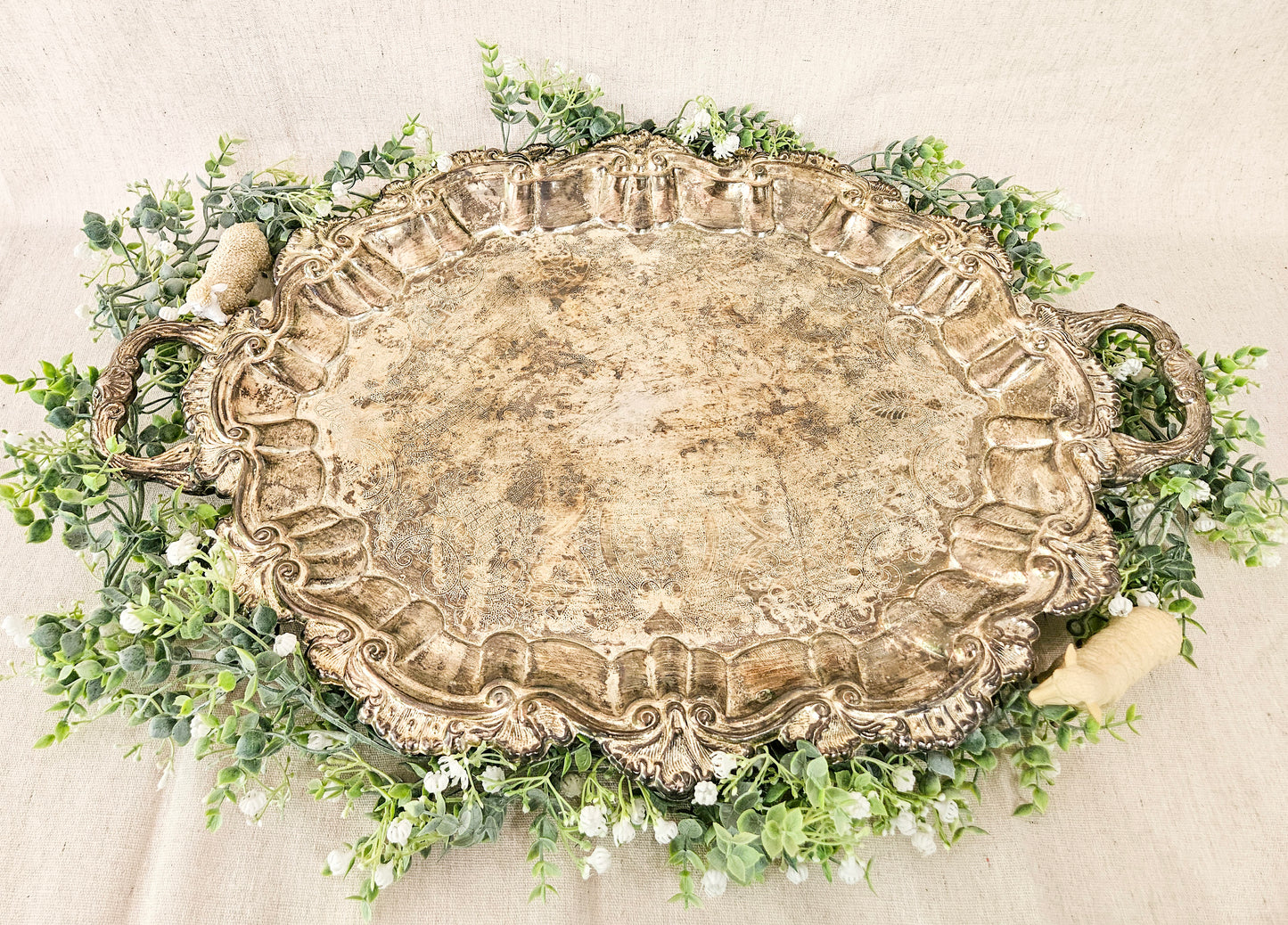 Large Ornate Oval Silverplate Serving Tray with Handles