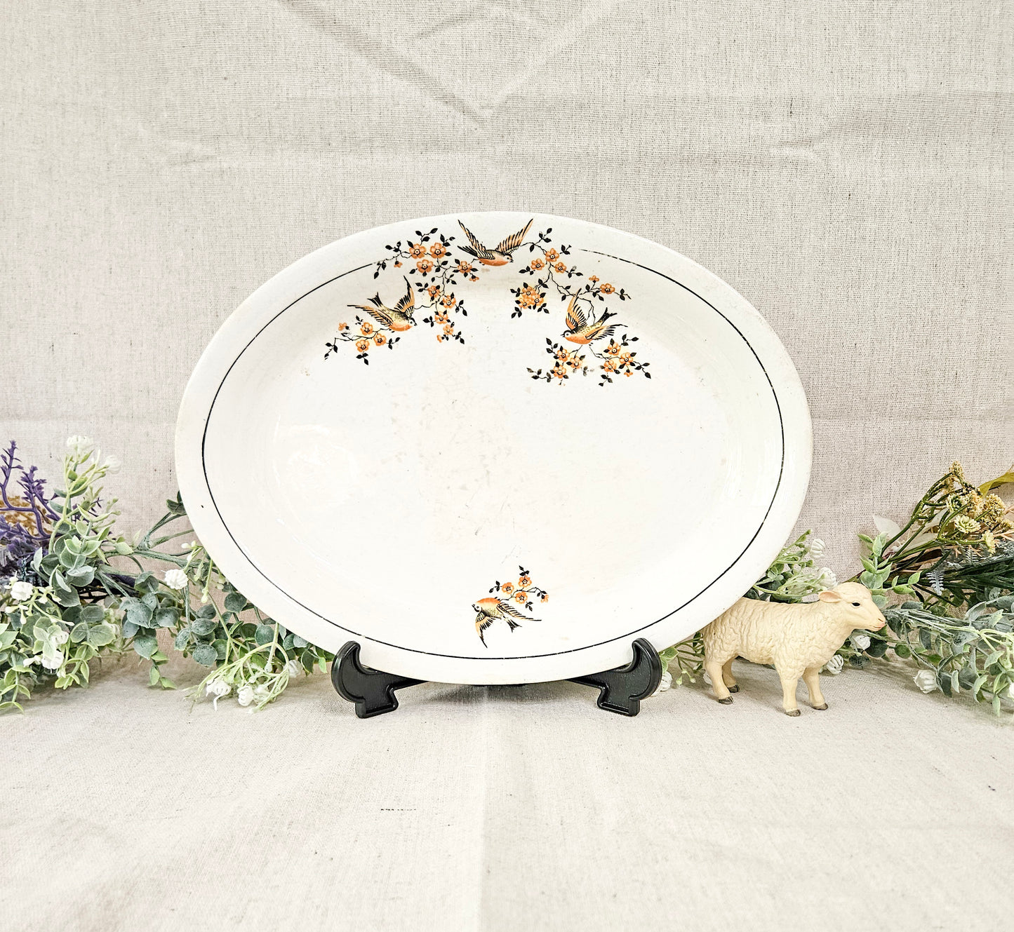 Circa 1930's Mount Clemens Pottery Style Oval Ceramic Serving Platter Birds Floral Autumn