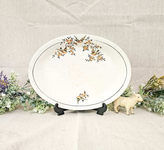 Circa 1930's Mount Clemens Pottery Style Oval Ceramic Serving Platter Birds Floral Autumn