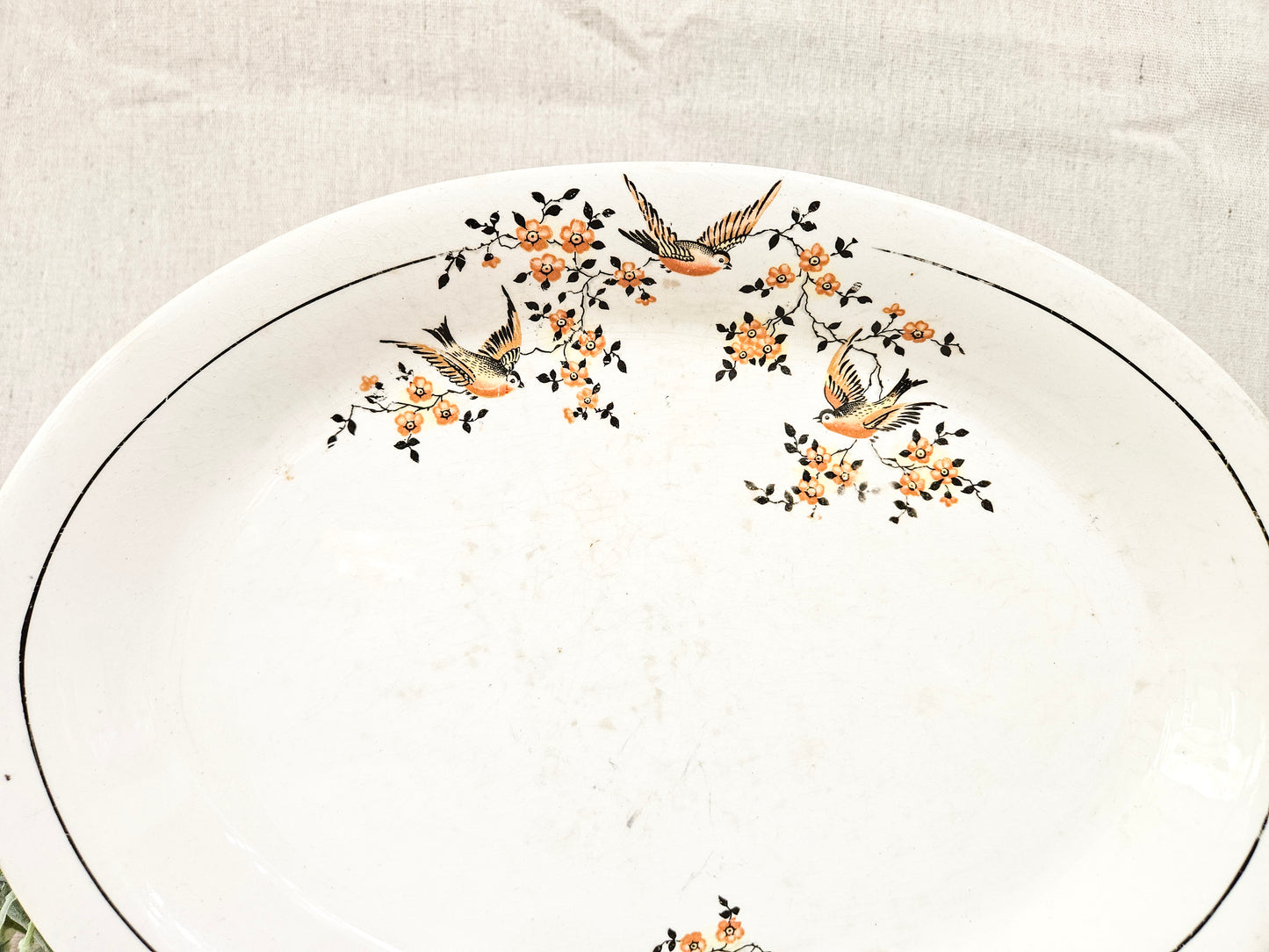 Circa 1930's Mount Clemens Pottery Style Oval Ceramic Serving Platter Birds Floral Autumn