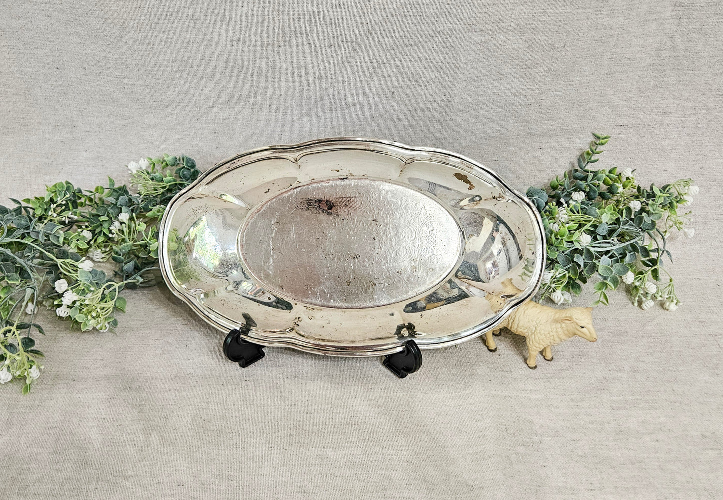 Vintage National Silver Co Silverplate Bread Tray 1950s Mid Century Hollowware Silver Over Copper Oval Serving Dish Tarnished Silver