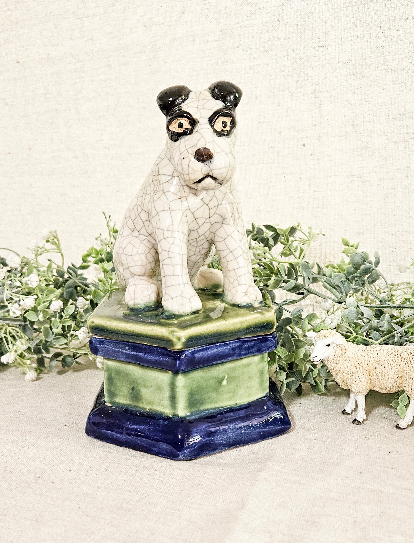 Vintage Sitting Terrier Dog Hand Painted Stoneware Trinket Box